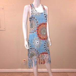 Summer Sleeveless Dress Size M Beach Dress Boho Print Tie Fringe Hemline